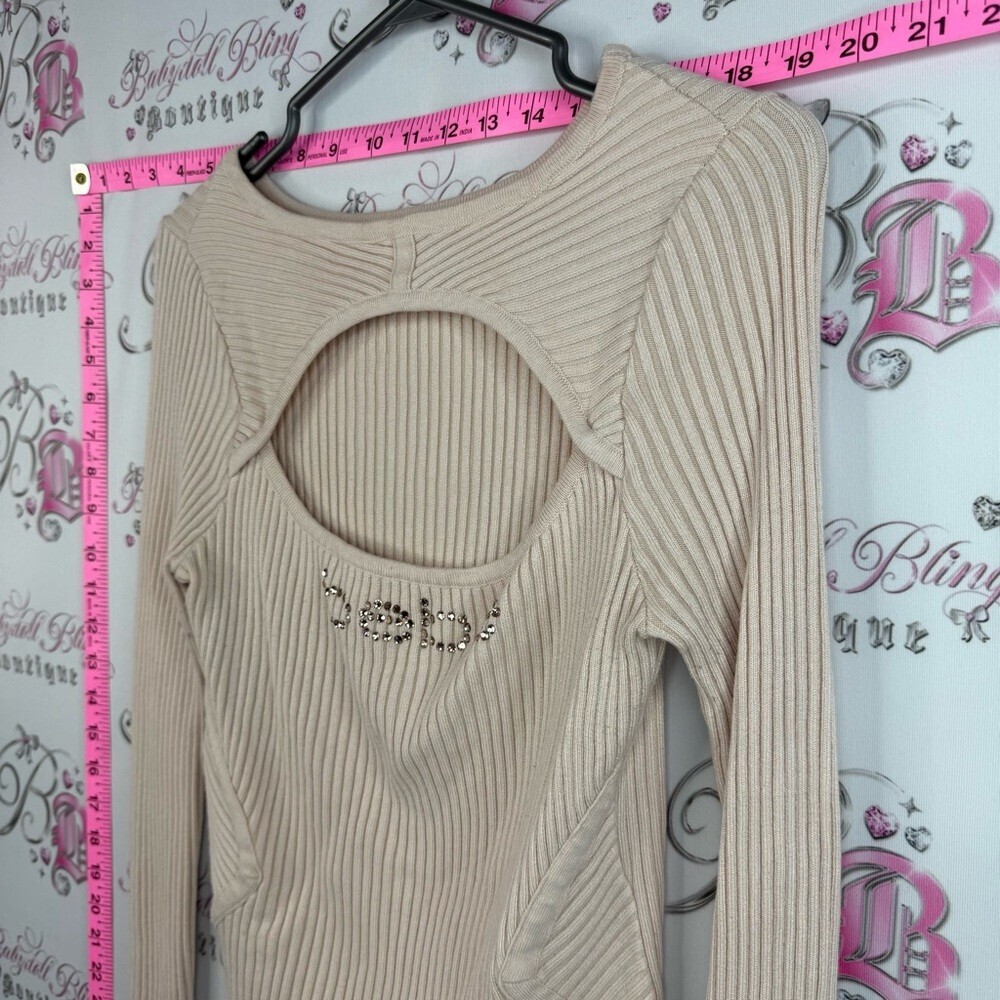 bebe long sleeve Swarovski Beige Ribbed Open cut out front Long Sleeve Top - Picture 5 of 13